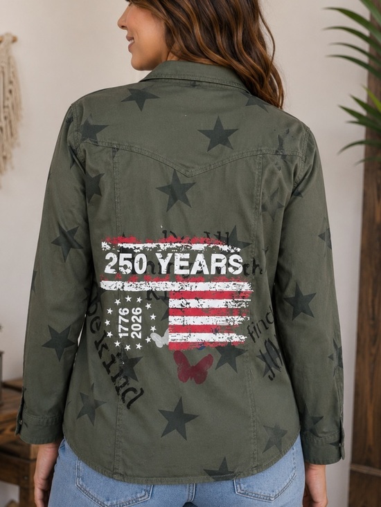 Viva Little Shop Handcrafted Jackets & Blazers - Knox Rose XL Olive Green Star Print  Jacket USA Flag Patch 250 Years Graphic